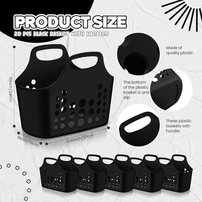 Nuogo 20 Pack Plastic Baskets with Handles Portable Shower Caddy Storage Baskets Reusable Caddy tote Organizer Bin for Bathroom Dorm Communal Showers Kitchen, 10.6" x 6" x 10" (Black) - Image 2