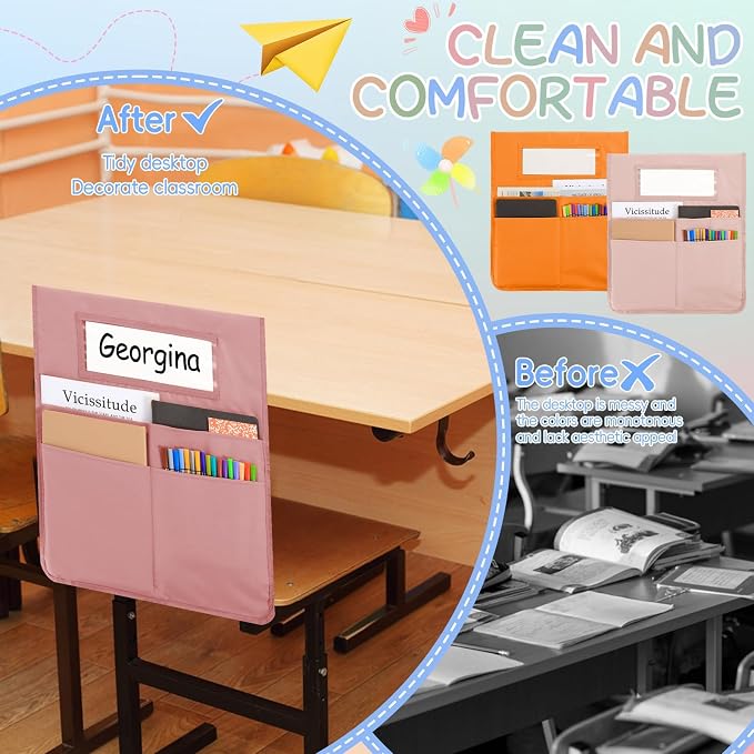 gisgfim 12 Pcs Chair Pockets for Classroom 16.7 x 19.3 Inch s with Name Tag Chairback 3 Pockets Chairs Seat Back Organizer for Elementary School Daycare Home Supply (Light Boho) - Image 4