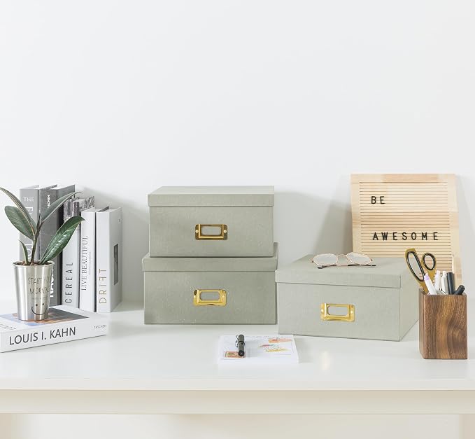 Soul & Lane - Gray Decorative Photo Storage Boxes with Lids, Set of 3 | Square Stacking Kraft Storage with Gold Label Holders, Nesting Cardboard Memory Boxes for Cards, Desk and Home Decor - Image 6