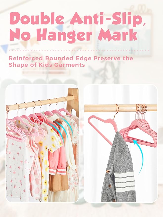 Kids Velvet Hangers 50 Pack, 14 Inch Premium Non Slip Kids Felt Hangers for Closet, Space Saving Toddler Clothes Hanger for Youth's Childrens' Clothes (Rose Gold Hook)- Pink | Premium Kids Hangers for Closet Storage, Space Saving Toddler Clothes Hanger... - Image 2