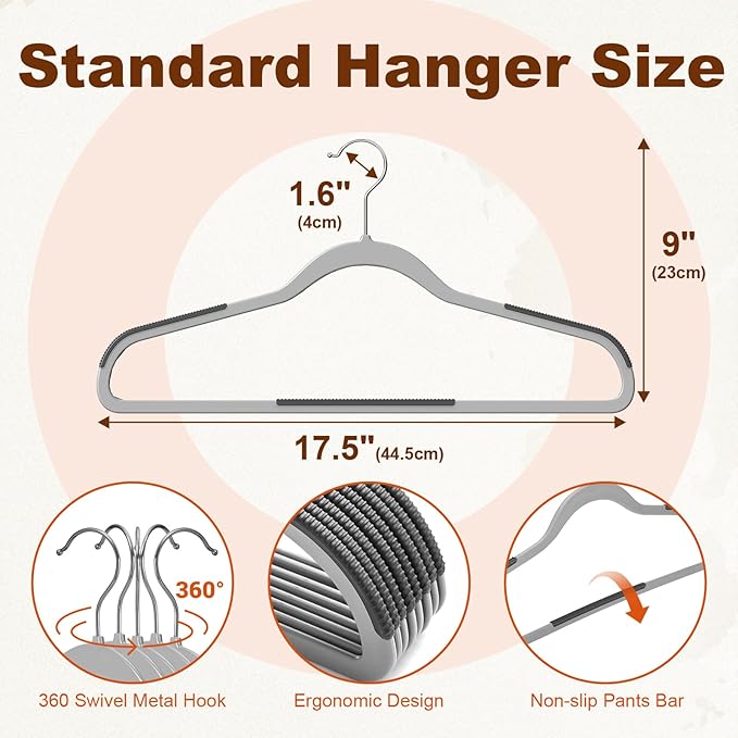 HOUSE DAY Non Slip Plastic Clothes Hangers 50 Pack with Rubber Pads, Grey | Space-Saving 0.2-Inch Slim Design; Heavy-Duty and 360° Swivel Hooks Keep Shirts, Coats, Suit, Blouse and Pants Organized - Image 2