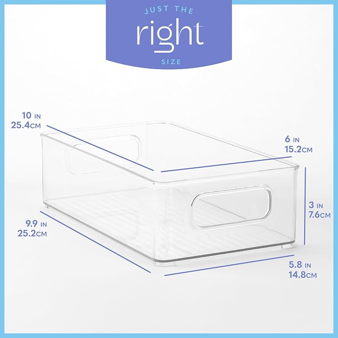 Plastic Food Storage 2 Pack Clear Container Bin with Handles for Organizing Kitchen, Pantry, Refrigerator, Freezer, Pantry, Cabinet, Closet, Bathroom. Stackable 10”x6”x3” - Image 3