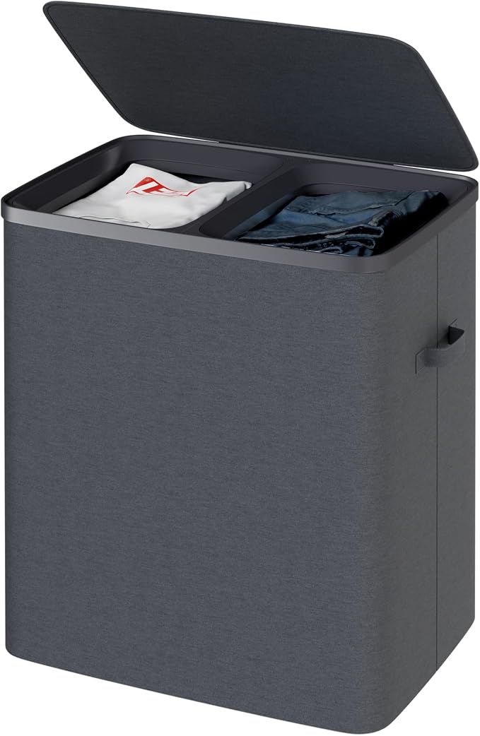 Dual Section 90 liter/23.8 gallon Laundry Hamper Separation Basket with lid, 2 Removable Washing Bags with Handles,Large Laundry Sorter for Easy Clothes Separation - Dark Gray by Whitmor