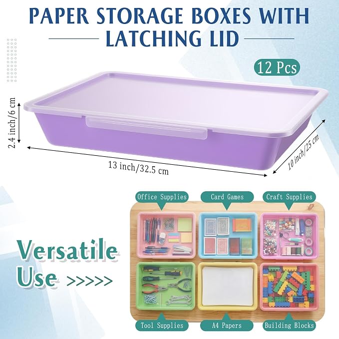 12 Pcs Classroom Paper Storage Bins with Clear Latching Lids Labels, Letter Size Stackable Flat Trays Container Paper Organizer for Teacher Back to School Office Arts Crafts (Macaron,13x10in) - Image 2