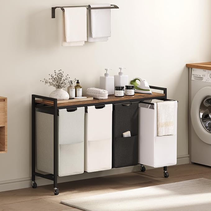 HOOBRO Laundry Sorter 4 Sections, Laundry Hamper with Wheels, 4 × 10.5 Gal (40 L), Rolling Laundry Basket, Pull-Out and Removable Oxford Fabric Bags, Rustic Brown BFE04XY01 - Image 2