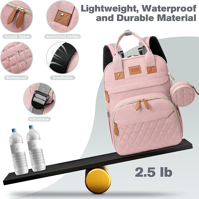 JSTPRO Large Diaper Bag Backpack with Changing Station, Pink | 25L Lightweight 900D Waterproof Nylon, Insulated Pockets & USB Port, Baby Shower Gifts for New Moms and Dads - Image 5