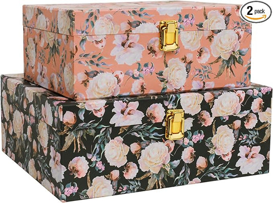2-Piece Vintage Floral Keepsake Boxes with Lids, Romantic Botanical Garden Design, Decorative Cardboard Memory Storage with Gold-Tone Accent, Elegant Home Décor Storage by MIZFRUZZY