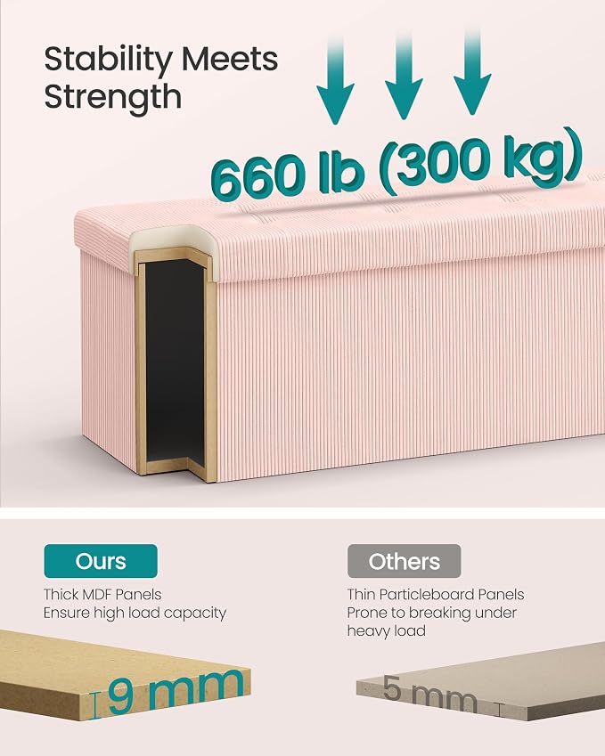 SONGMICS MAZIE Collection - Storage Ottoman Bench, Foldable Foot Rest, 15 x 43 x 15 Inches, End of Bed Bench, Storage Chest, Load 660 lb, Living Room, Bedroom, Entryway, Jelly Pink ULSF604R01 - Image 5