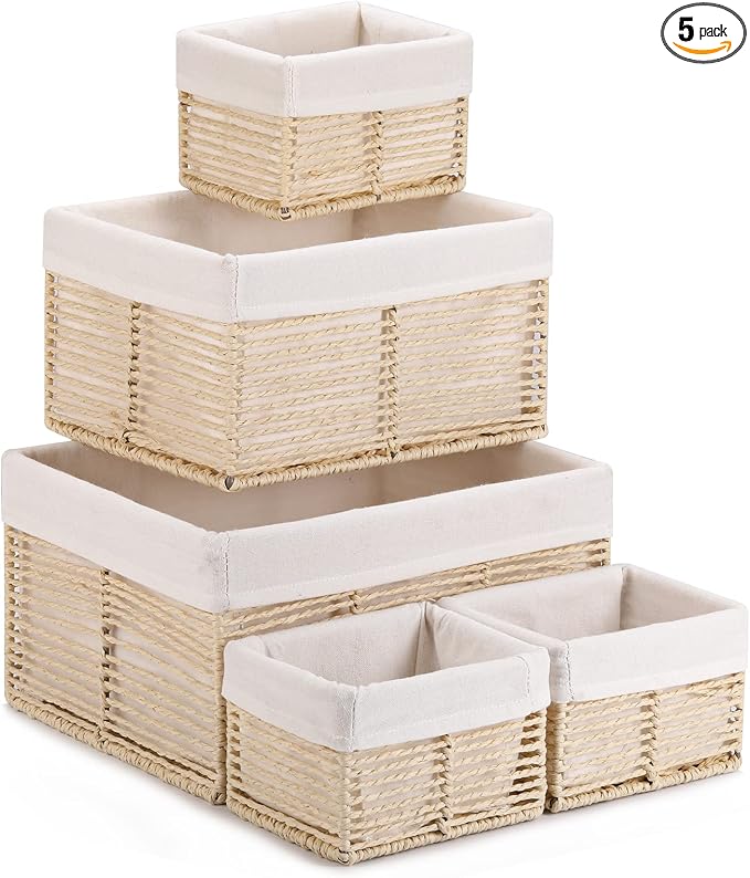 Wicker Storage Basket, Hand-Woven Paper Rope Basket, Rectangular Small Basket for Organizing, Cube Storage Bin for Closet/Clothes/Dresser, Beige, 5-Pack by Vagusicc