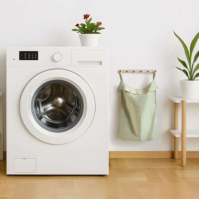 100% Linen Hanging Laundry Hamper Bag 20x27Inch, Over the Door with 2 Buttons and Bottom Zipper Saving Space Wall Back organizers For Dirty Clothes Dorm Travel College Camp Sock Large Capacity,Green - Image 6