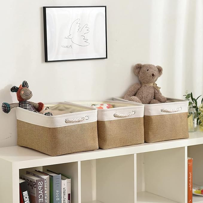 Rectangular Fabric Storage Baskets for Organizing, Shelves, Decorative & Gift (White & Peru) - Image 2