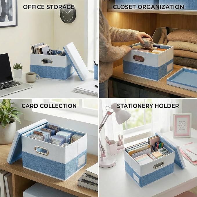 Storage Bins with Lids [3-Pack] Linen Fabric Foldable Storage Boxes Organizer Containers Baskets Cube with Cover for Bedroom Closet Office Blue&White（11.4X8.6X6.7 - Image 7