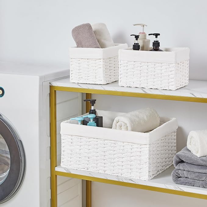 Wicker Basket, Set of 3 Hand-woven Storage Baskets for Organizing, Decorative Rectangle Wicker Storage Basket Bins with Handles, Small Toilet Paper Storage Baskets for Shelves & Decor, White - Image 4