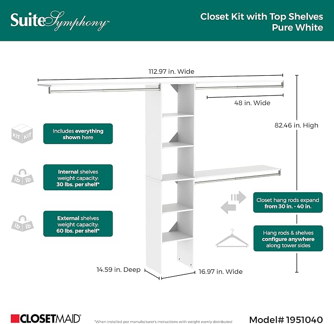 ClosetMaid SuiteSymphony Wood Closet Organizer Kit with Tower, 3 Hang Rods, Top Shelves, Adjustable, Fits Spaces 5 - 9 ft. Wide, Pure White - Image 4