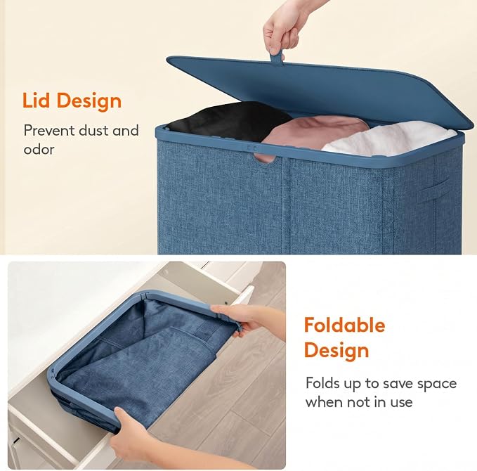 Lifewit 185L 3 Section Laundry Hamper with Lid, Laundry Basket, Dark Blue | Large Foldable Laundry Sorter with 3 Removable Bags, Tall Clothes Hamper for Bedroom and Bathroom - Image 7