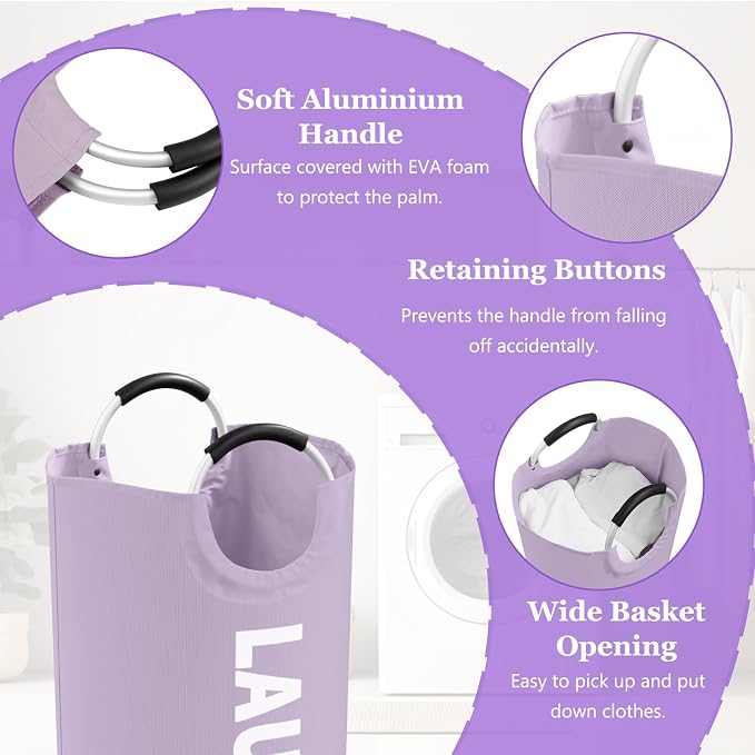 3Pack Folding Clothes Hamper with Handles, 95L Tall Laundry Basket Organizer, Durable Laundry Bags, Large Dirty Clothes Hamper for Family, Travelling, Camping, Purple + Pink + Black | IHOMAGIC Foldable Dirty Clothes Hamper, Laundry Bag, Portable Storag... - Image 8