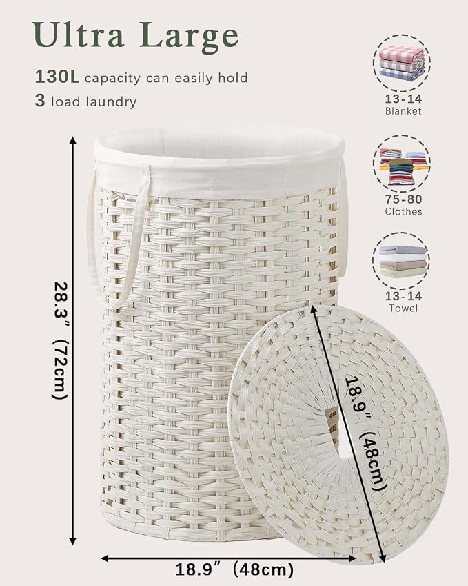 SETVSON Large Laundry Hamper Laundry Basket Round 34.3 Gal PE, White | Decorative PE Rattan Furniture Look for Bedroom, Jumbo Open-Top Laundry Hamper, Removable Bag, 2 Mesh Bags, Handles - Image 4
