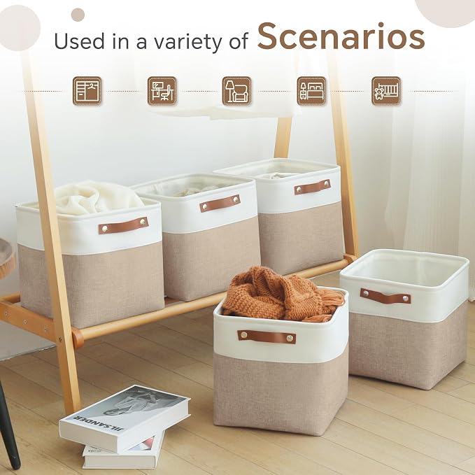 FinishingBo 11 inch Cube Storage Bin 6 Pack, Cube Organizer Bins | Fabric Storage Bins With Handles, 11x11 Storage Cubes, Shelf Basket, White/ Khaki - Image 4
