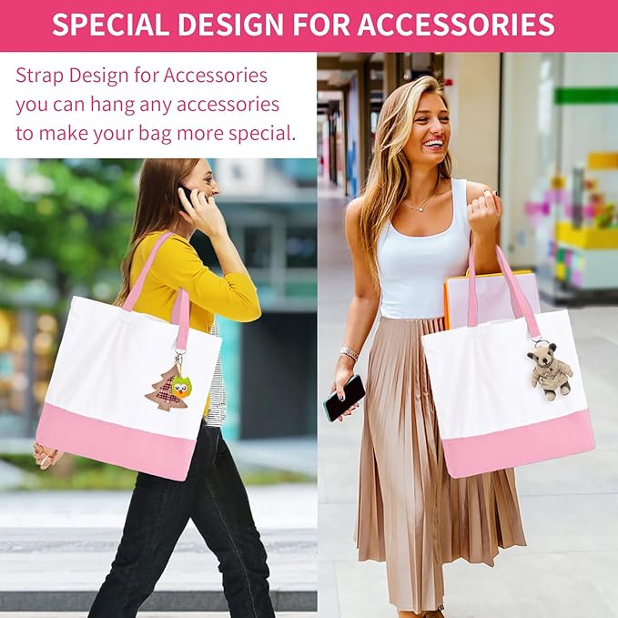 6-Pack Canvas Tote Bag with Zipper, Large Reusable Grocery Tote, Pink | Blank bags, washable, inner pocket, flat bottom, sturdy handle, for sublimation DIY/transfer, travel/beach/Christmas crafts - Image 2