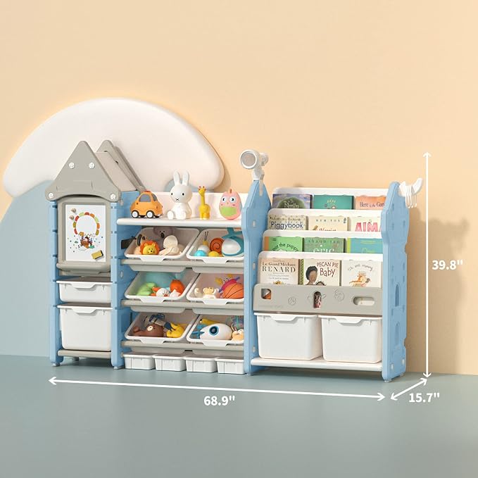 Kids Toy Storage Organizer with Bookshelf, 14-Bin Playroom Organizer and Bookcase, HDPE Toddler Storage Shelf with Drawing Board, for Nursery, Bedroom and Playroom (White & Blue) - Image 2
