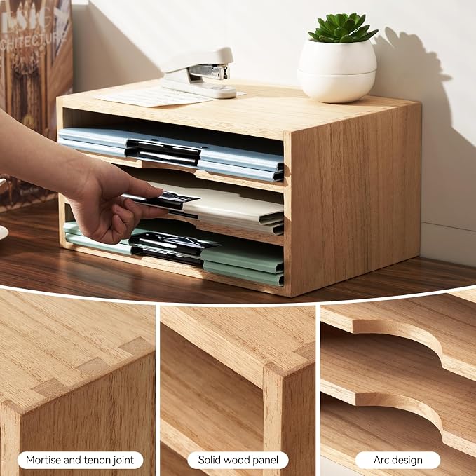 KIRIGEN Wooden Desk Organizer 3-Tier Letter Tray and Paper Sorter, Natural | Solid Wood Paper Tray Document Holder Organizer for Letters, Files, Folders, Mail, Magazines and Office Supplies - Image 6