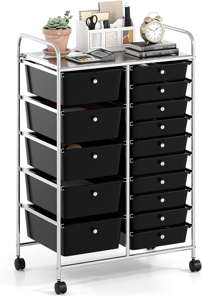 RELAX4LIFE 15-Drawer Rolling Storage Cart - Utility Cart with Metal Frame, Lockable Wheels & Removable Drawers, Multipurpose Art Craft Organizer for Home Office, Classroom (Black) by RELAX4LIFE