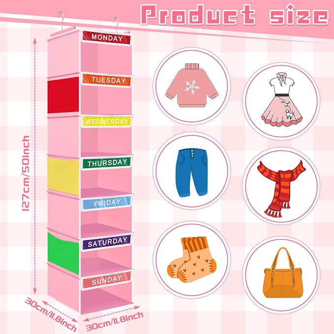 2 Pcs 7 Shelf Weekly Clothes Organizer for Kids Hanging Closet Organizer 11. 8 x 11. 8 x 50 Inches Daily Activity Kids Clothes Storage Drawers Cube Drawers Closet Hanging Shelves(Pink) - Image 2