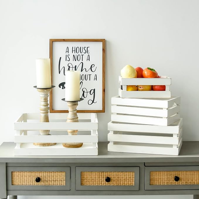 Large Wooden Crates Set of 4 Decorative Storage Box with Handles, Rustic Whitewashed Farmhouse Wooden Crates for Display, Living Room Container Baskets Box for Kitchen, Pantry, Bedroom - Image 8