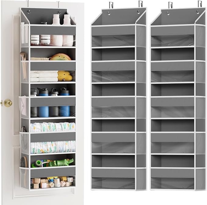 SpaceAid 2 Pack Over The Door Organizer with 5 Large Pockets and 10 Mesh Side Pockets, 5 Layers Door Organizer Hanging with Clear Window for Bedroom, Bathroom, Pantry and Nursery, Gray by SpaceAid