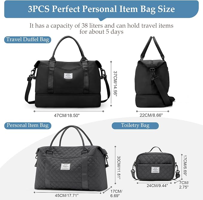 Weekender Bags for Women,Personal Item Travel Bag with Shoes Compartment | Overnight Travel Duffel Bag with Grid Travel Set,Carry-On Bag,3 Pcs Set,Large - Image 3