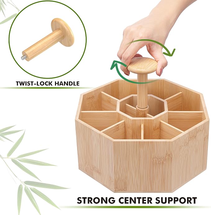 CraftGenes Bamboo Rotating Pen Organizer for Desk with 10 Compartments | Desk organizer, smooth spin, marker organizer, pencil holder, art supply organizer, carry handle, classroom, craft room - Image 5