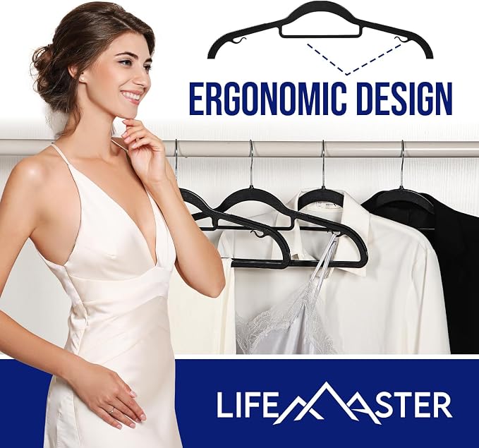 LifeMaster 30 Pcs. Dry Wet Clothes Hangers - Heavy Duty Coat Hanger Set with 360° Swivel Hook (Black) Non-Slip Rubber, Space-Saving, Frustration-Free Hanging, Accessory Tie Bar, Smart Strap Hooks - Image 4