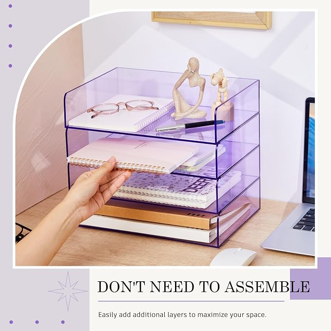 Harloon 4 Tier Clear Purple Acrylic Paper Organizer Letter Tray, Aesthetic Stackable Desk File Organizer Paper Holder Office Tray for A4, Modern Classroom Home Office File Pad Books Notes - Image 3