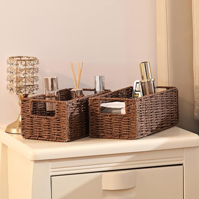 Wicker Storage Basket, Set of 2 Hand-Woven Paper Rope Wicker Basket, Small Storage Baskets for Organizing Toilet Paper, Foldable Large Cube Storage Organizer Bins for Shelves (Brown) - Image 4