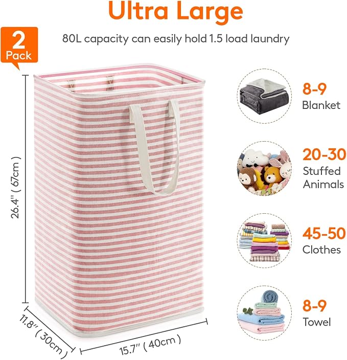 Lifewit 2 Pack Laundry Basket 80L Each, Collapsible Clothes Hamper with Reinforced Handles, Freestanding Waterproof Design for Bedroom and Laundry Room, Grey&Pink 160L Total - Image 4