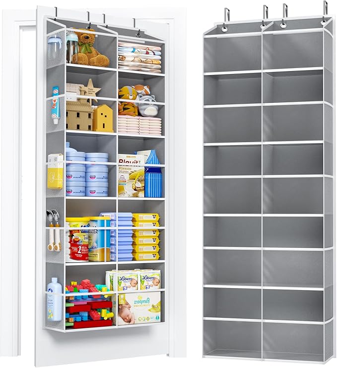 PureSpace 5-Tier Over The Door Organizer with 10 Side Mesh Pockets & Clear Windows, 80 lbs Weight Capacity Hanging Storage for Bathroom, Bedroom, Nursery, Kitchen, Organize Shoes, Diapers(Clear Grey) by PureSpace