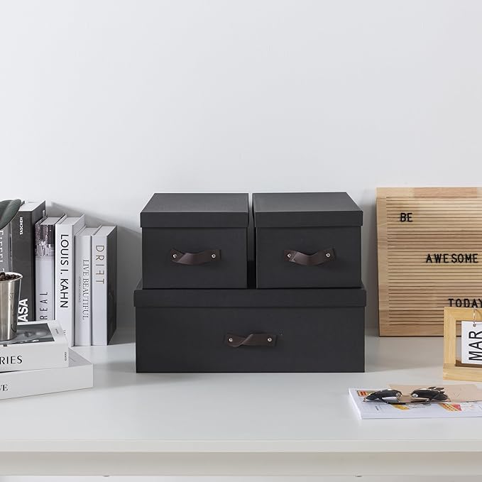 Soul & Lane - Decorative Storage Boxes with Handles, Set of 3, Dark Gray | Sturdy Cardboard Photo Organizers with Lids for Office and Home, Grey Nesting Storage Containers for Documents and Decor - Image 3