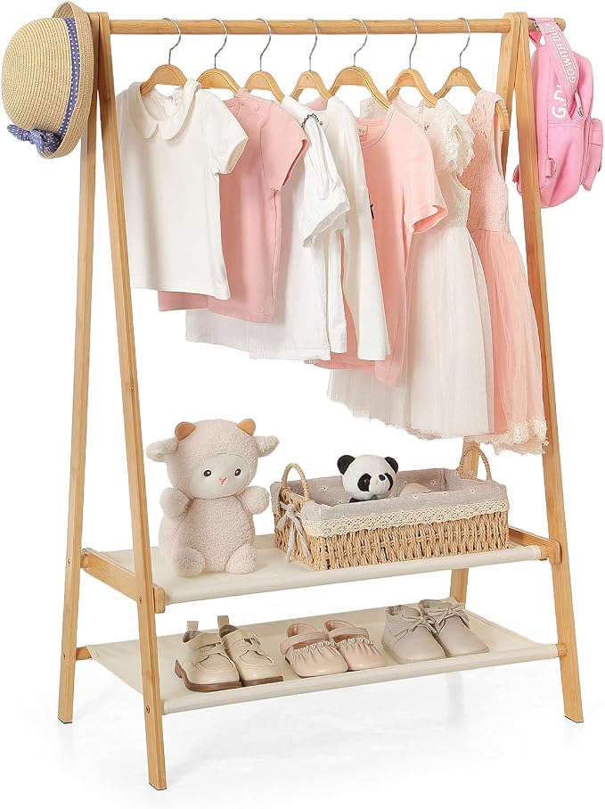 Foldable Kids Clothing Rack - Dress Up Storage with 2 Fabric Shelves, Bamboo Small Clothes Rack for Hanging Organizer, Kids Costume Wardrobe & Dress Up Rack for Bedroom, Playroom, Nursery (Natural) by Unknown