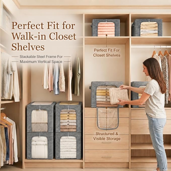 GoMaihe Blanket Storage Bins with Metal Frame for Closet, 55L 6-Pack Grey | Clothing Bedding Winter Coat Comforters , Closet Top Shelf, Collapse-Proof Stackable, See Through, Dual Access Space Saving - Image 8