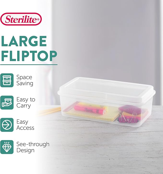 Sterilite 18-Pack FlipTop Stackable Rectangular Storage Bin with Hinging Lid, Clear | Bin with Hinged Lid, Stackable Multipurpose Organizer for Art & Craft Supplies, Accessories, Photos & CDs, Home or Office Use - Image 3