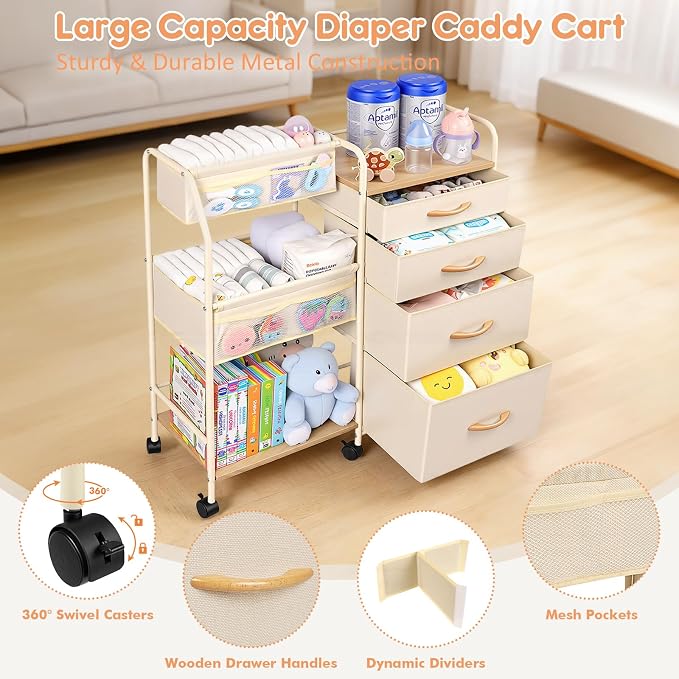 Baby Diaper Caddy Organizer Cart - 4 Tier Rolling Diaper Cart with Wheels, Baby Essentials Organizers and Storage, Mobile Utility Carts for Bedside, Bedroom, Crib Nursury, Changing Table - Image 4