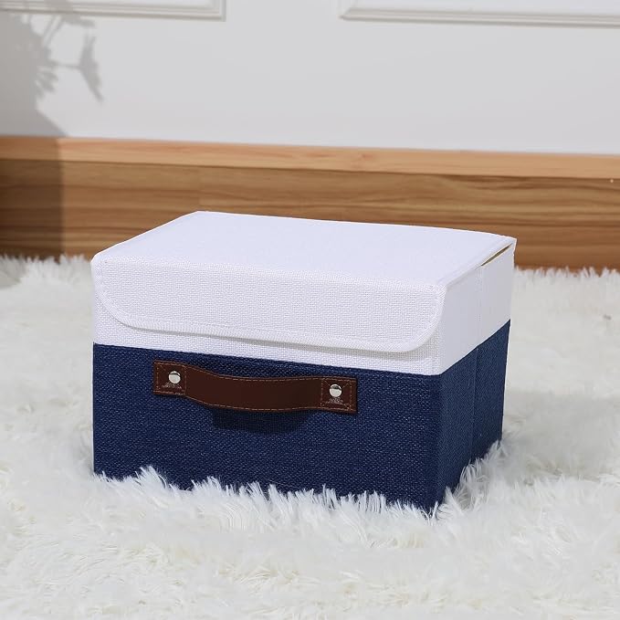 ANMINY Fabric Storage Box Bins with Lids, Blue White, 10"x8"x7" | Keepsake Memory Storage, Cotton Linen, PP Board Reinforced, Washable, PU Handles, Foldable & Stackable, Decorative, Small - Image 6