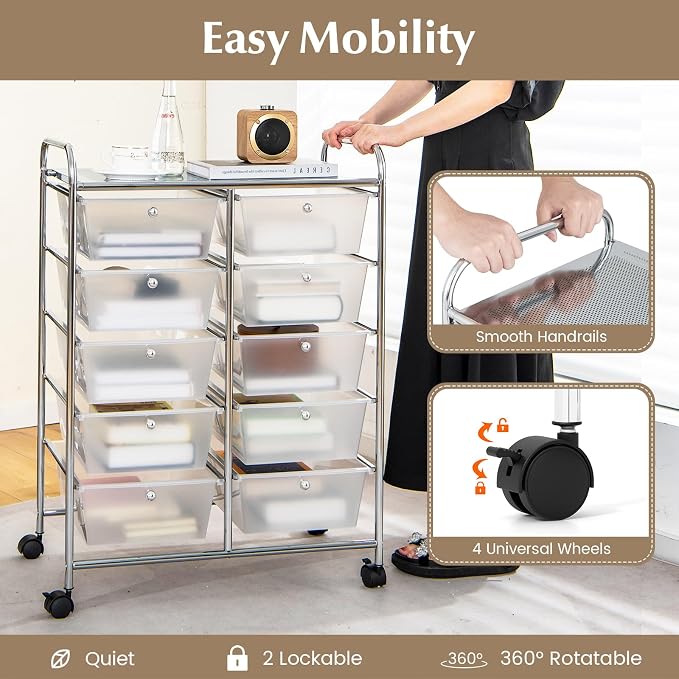 RELAX4LIFE Rolling Storage Cart with 10 Drawers - Craft Storage Cart with Lockable Wheels,Utility Cart, Art Cart Organizer for Crafting Storage, Studio, Office, Home, School Rolling Drawer Cart - Image 4