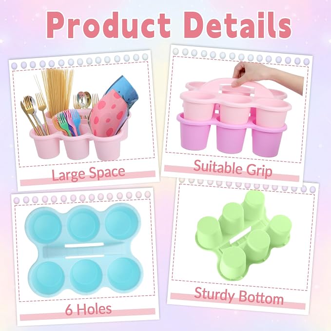 6 Pack Classroom Caddy Organizer with Handle, 6 Compartments, Pastel | Stackable Plastic Table Caddies, 12x9x3.5 In, caddy Organizer for School Supplies, Crayons, Pencils, Crafts and Drink Cups - Image 3