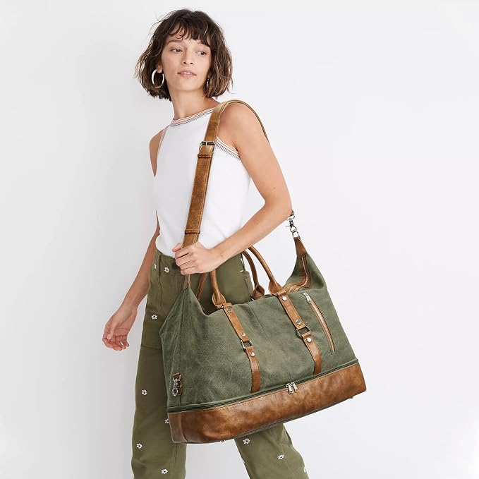S-ZONE Weekender Bag for Men Canvas Duffle Overnight Travel Bag Army Green | Anti-wrinkle Canvas,Adjustable Shoulder Strap,1 Main Large Compartment and 7 Pockets,with Shoe Compartment - Image 2