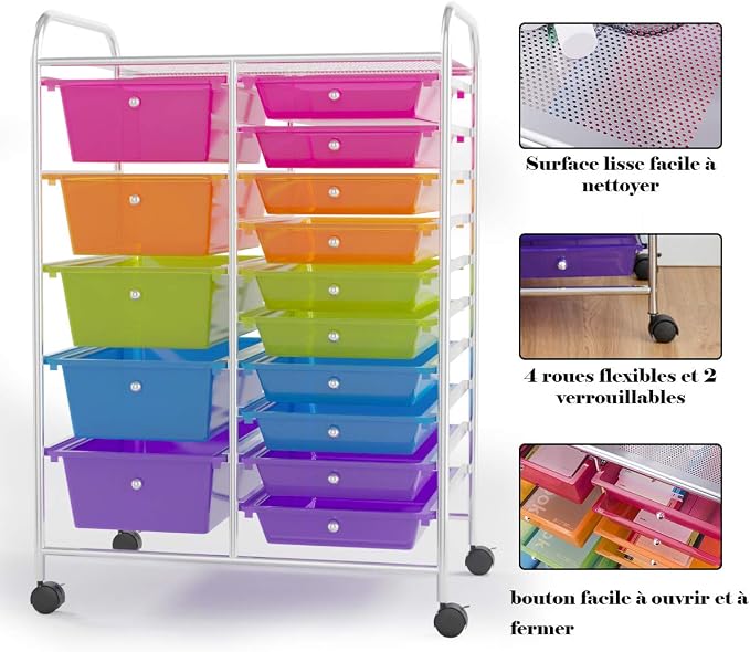RELAX4LIFE 15 Drawer Rolling Storage Cart, Mobile Drawer Carts for Craft Art Supply Paper Salon, Utility Cart on Wheels for Classroom Teacher School Office, Rolling Cart with Drawers (Color) - Image 6