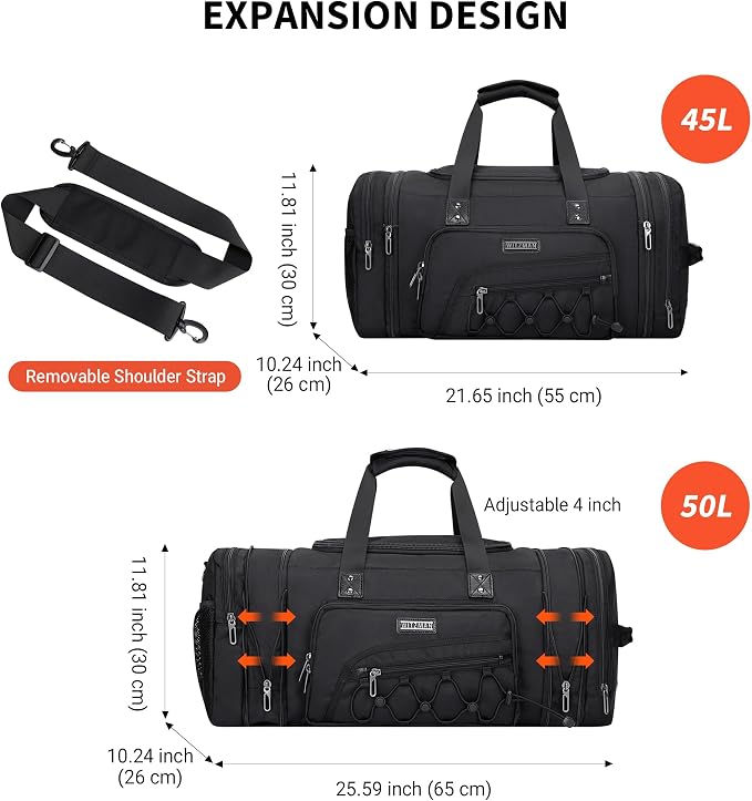 WITZMAN Mens Duffle Bag Expandable 50L Travel Gym with Shoe Compartment | Nylon, Large, With Dry-wet Pocket, Fits 16" Laptop, Carry-on Bag, For Sports Weekender Overnight, B695 Black - Image 3