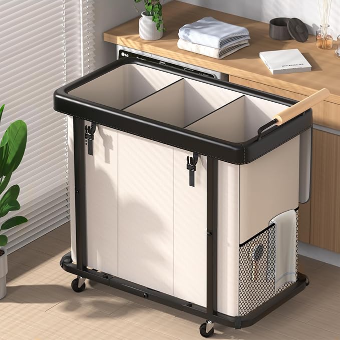 Rolling Laundry Hamper with Wheels,Laundry Hamper 3 Section with Lid Beige | Laundry Basket with Rolling Lockable Wheels and Handle, Laundry Basket Organizer for Laundry Room, Bedroom 60Gal by ELOWEN
