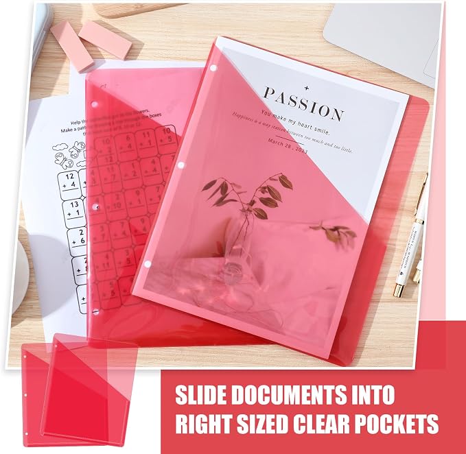 Seajan 100 Pcs Binder Pocket Folders, Clear 3 Ring Binder, Red | Plastic Folders Sleeves with 2 Pockets, Poly Slash File Jackets, 3 Hole Punched Dividers for School, Office, Documents - Image 4