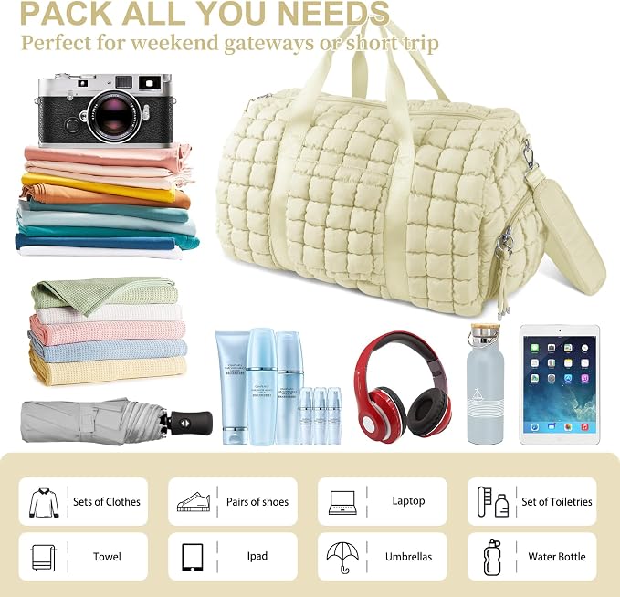 Quilted Travel Duffle Bag Gym Bag for Women,Large Puffer Duffle Weekender Bag with Compartment,Workout Overnight Carry on Organizer Bag Duffle Bag for Airplane Travel(L-Off-white) - Image 5